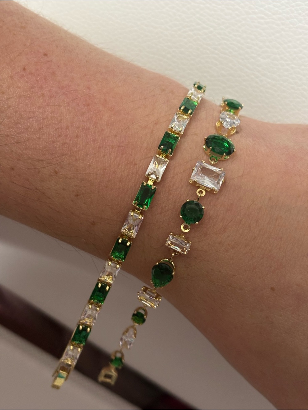 Gold Bracelet Set with Emerald Green and Clear Stones